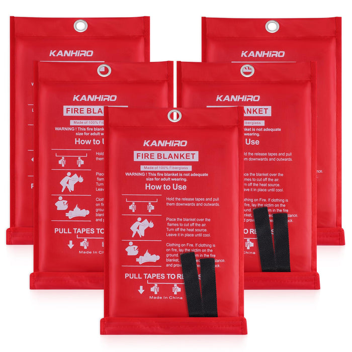 Emergency Fire Blanket for Home Kitchen - KANHIRO Fiberglass Fire Suppression Blanket Great for School, Fireplace, Grill, Car, Office, Warehouse (5 Pack, 39 in X 39 in)