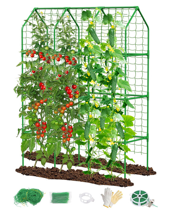 65" Cucumber Trellis for Climbing Plants Outdoor, Metal Garden Trellis for Raised Bed, Plant Support Structures with Netting for Cucumbers Tomatoes Beans Peas (50 * 17 * 65inch(L*W*H), Trellis)