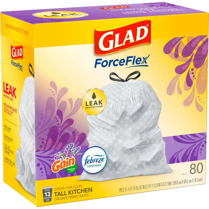 Glad Trash Bags, ForceFlex Tall Kitchen Drawstring Garbage Bags 13 Gallon White Trash Bag, Mediterranean Lavender scent with Febreze Freshness 80 Count (Package May Vary)