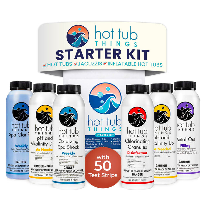 Hot Tub Things - Chlorine Starter Kit - Hot Tub Chemicals Kit for Spa & Jacuzzi Maintenance, Pool Shock, Chlorine Granules, Test Strips, Alkalinity Up & Down, Clarifier, Metal Out, Oxidizer - 1 lb
