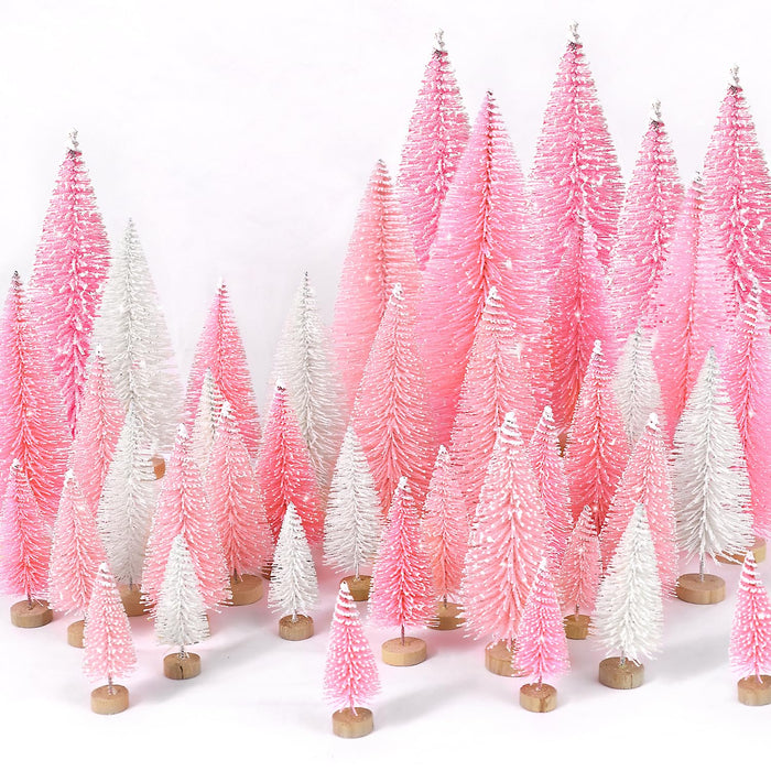30Pcs Mini Christmas Trees Artificial Christmas Tree Bottle Brush Trees with Wooden Base for Christmas Decor Christmas Party Home Table Craft Decorations(Pink+White)