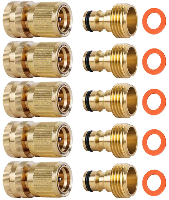 SHOWNEW Quick Connect Hose Fitting, Solid Brass Garden Hose Quick Connectors 3/4 Inch Thread No-Leak Water Hose Repair Fittings Male and Female Hose Adapter - 5Packs