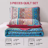 WONGS BEDDING Boho Quilt Set Queen Size, Bohemian Stripe 3 Pieces Christmas Quilts Bedspread Set Lightweight Microfiber All Season Bedding Coverlet Set for Queen Bed (96"x90")