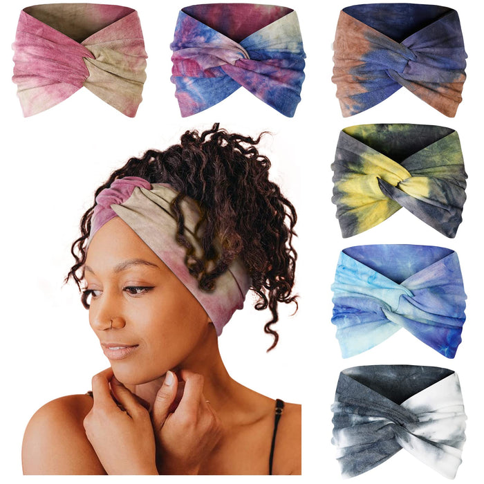 Tobeffect Wide Headbands for Women, Tie Dye Extra Large Turban Headband Boho Hairband Hair Twisted Knot Accessories, 6 Pack