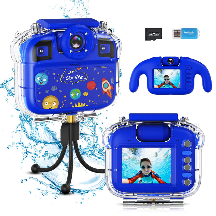 Ourlife Kids Waterproof Camera,Underwater 100FT Digital Camera,Birthday Christmas Gifts for Girls Boys,Kids Camera with 15 Photo Frames,12 Funny Effects,32GB SD Card,Action Camera for Kids Age 4-10