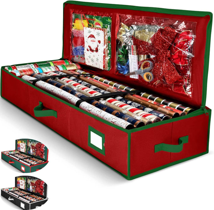 Premium Wrapping Paper Organizer Storage | Gift Wrap Holder With Extra Pockets for Christmas Decorations, Reinforced Handles, Heavy Duty, Ultra-Durable, Tear-Proof Fabric - Fits Up to 27 Rolls (Red)