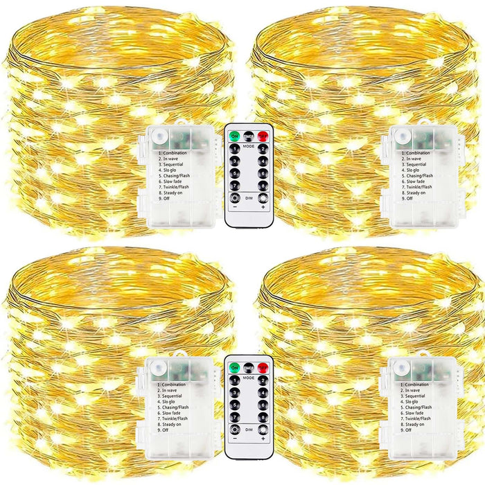 4-Pack Fairy Lights Battery Operated with Remote, Waterproof 33FT 100 LED Battery String Lights Outdoor Indoor, 8 Modes Twinkle Lights with Timer for Bedroom Classroom DIY Christmas Decor (Warm White)