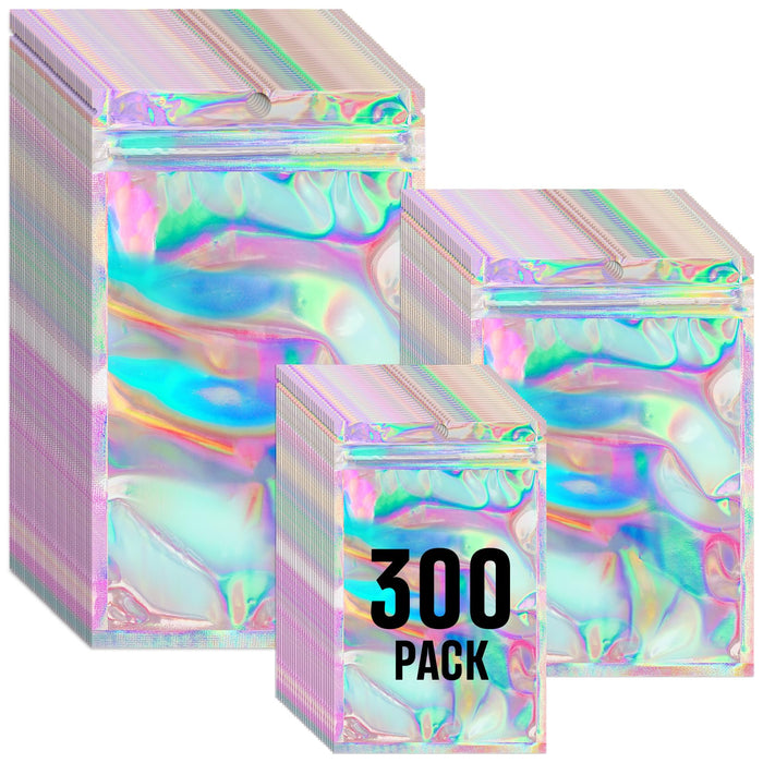 Funfery 300 Pack 3 Size Mylar Holographic Bags with Clear Window,Resealable Bags Smell Proof Bags Ziplock Bags Packaging Pouch for Food Storage,Sample,Small Business(Holographic,3x4.7,4x6,4.7x7.9in)