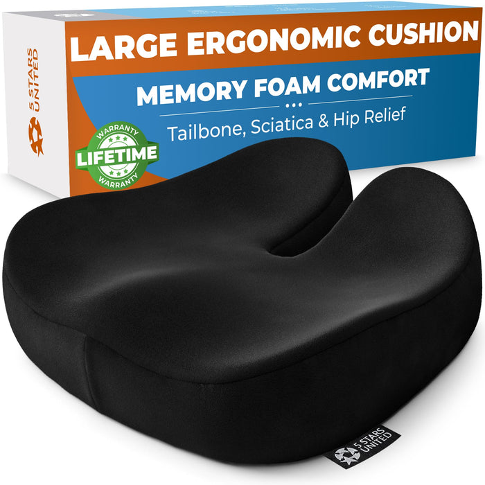 5 STARS UNITED Seat Cushion for Tailbone Pain Relief – Large Memory Foam Lifting Pillow for Coccyx, Hip, Sciatica & Post-Surgery Recovery – Wheelchair, Car, Desk, Gaming & Office Chairs, Black