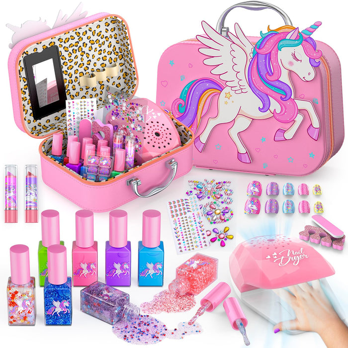Glisiol Kids Nail Polish Set for Girls Toys, Washable Quick-Dry Toddler Nail Art Kit with Air Cooling Dryer and Cosmetic Case, Christmas or Birthday Gifts for Girls Ages 3 4 5 6 7 9 10 11 12-Pink