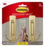 Command Large Satin Brass Double Hooks, 2 Hooks and 2 Command Strips, Damage Free Hanging Wall Hooks with Adhesive Strips, No Tools Coat Hooks for Hanging Home Decor, Holds up to 4 lb