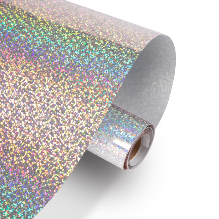 HTVRONT Holographic Glitter Permanent Vinyl for Cricut, 12" x 10ft Sparkle Silver Permanent Adhesive Vinyl, Easy to Weed & Transfer Christmas Glitter Vinyl Roll for Cricut, Crafts, Silhouette, Decal