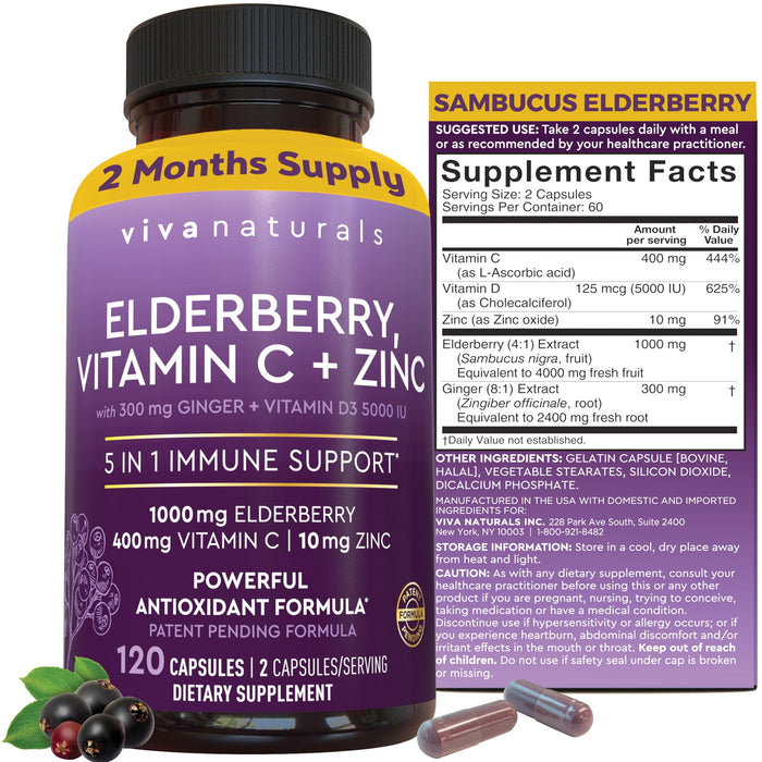 Viva Naturals Elderberry with Vitamin C and Zinc for Adults - 5 in 1 Sambucus Black Elderberry Capsules with Vitamin D3 5000 IU Immunity Supplement, Sambucus Elderberry Immune Support Supplement