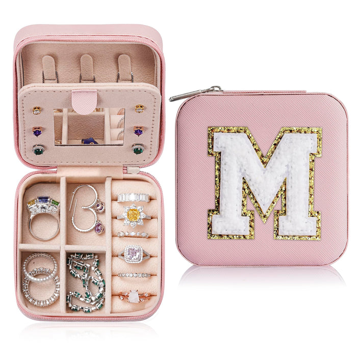 Parima 2024 Christmas Gifts Ideas - Cute Teen Girl Gifts Trendy Stuff, Initial Travel Jewelry Case Girl Jewelry Box for Necklace Earrings Rings, Christmas Travel Essentials - Letter M, Pink
