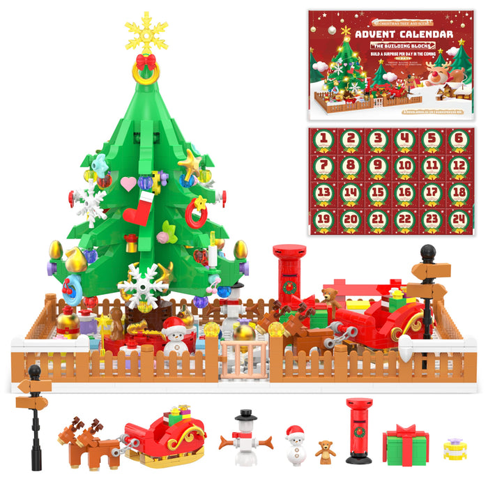 Advent Calendar 2024 Christmas Tree and Scene Toy Building Sets with LED Light, 24 Days 828 Pieces Christmas Countdown Calendar Building Blocks Christmas Gifts for Adults Kids Ages 6+