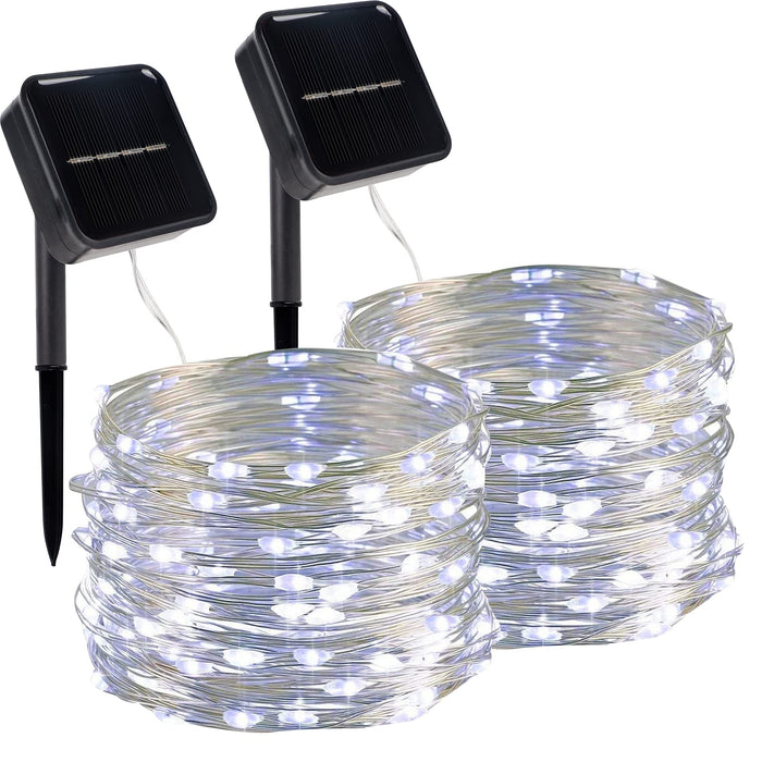 Twinkle Star 2 Pack Outdoor Solar String Lights, 39.4 FT 120 LED Solar Powered Christmas Decorative Fairy Lights with 8 Modes, Waterproof Light for Xmas Trees Patio Yard Wedding Party, White