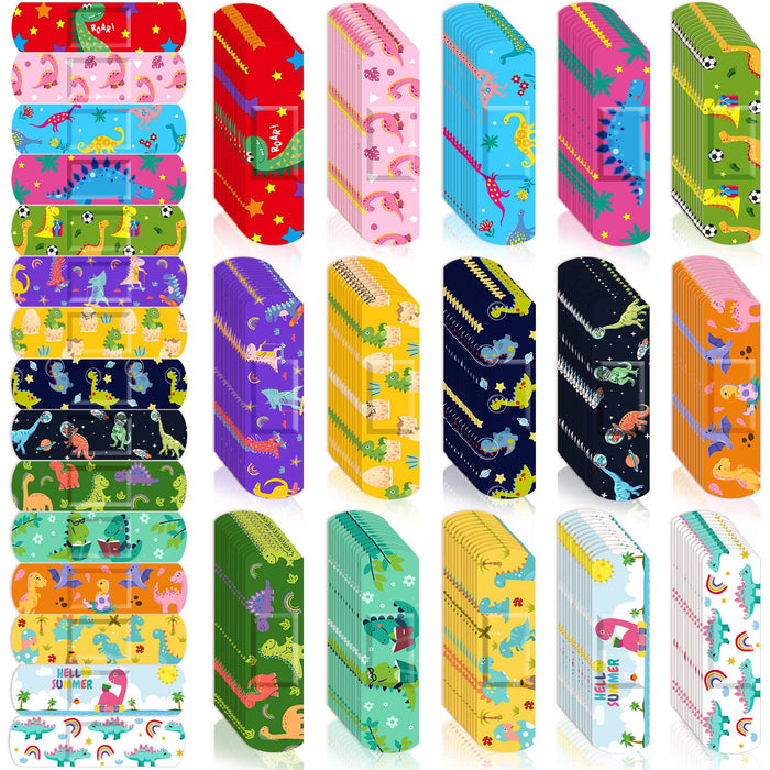 Estune 300 Pcs Bulk Kids Bandages Dinosaur 15 Styles Fun Children's Adhesive Bandages Colorful PE Flexible Bandages Cartoon Bandages for Kids Boys Girls Students