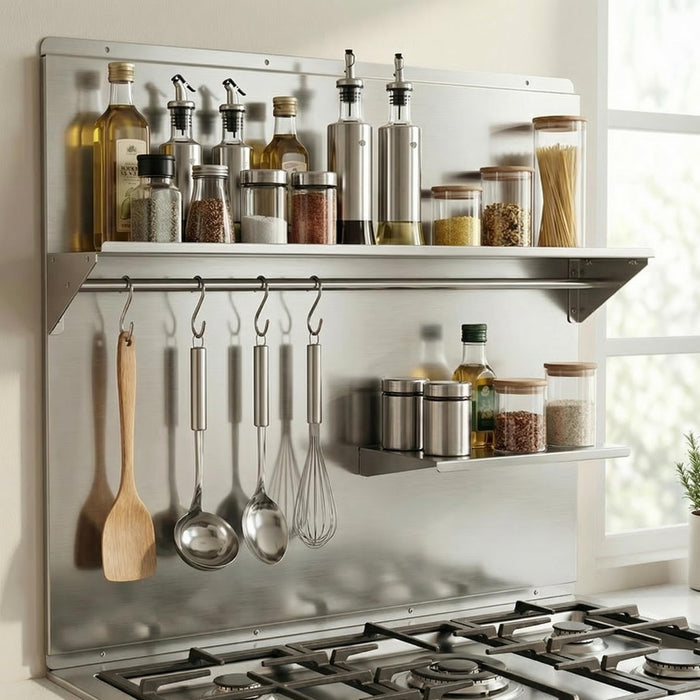 MIAOOWITH 36×29.5 Inch Stainless Steel Stove Backsplash with Shelf, Rust-Proof Kitchen Wall Protector Stainless Steel - Easy No-Drill Installation