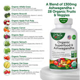 Organic Superfood Greens Fruits and Veggies Complex with Ashwagandha - 2 in 1 Supplement with 14 Greens and 14 Fruits & Vegetables with Organic Ashwagandha Rich in Antioxidants - Non-GMO 90 Tablets