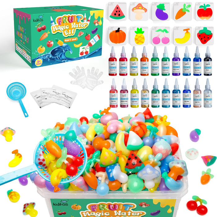 Magic Water Elf Toy Kit, Aqua Fairy Water Gel Kit with 20 Magic Gels, 10 Fruit & Vegetable Molds. Christmas Gifts, Birthday Gifts, Party Favors, Arts & Crafts DIY STEM Kits for Kids (20 Colors)