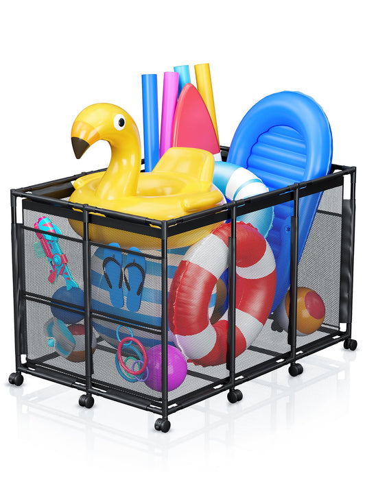 Kompoll Pool Float Storage - Rolling Mesh Pool Storage Bin for Noodles, Goggles, Floats & Balls, XXL Large Outdoor Pool Toy Organizer with Wheels for Swimming Accessories, Black