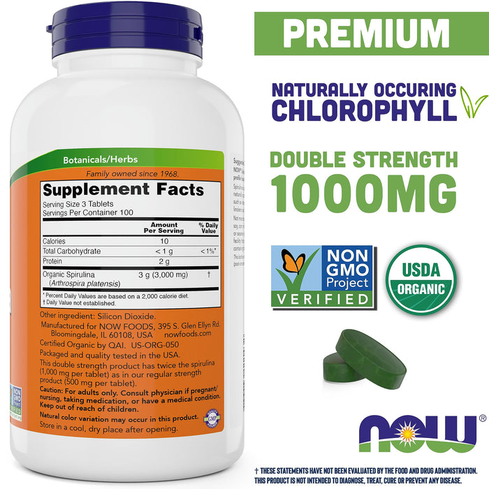 NOW Foods Organic Spirulina 1000mg Tablets - 300 Count - Non-GMO, Super Green Whole Food Supplement - Double Strength 1000 mg - Naturally Occurring Beta-Carotene (VIT A), B-12 and GLA