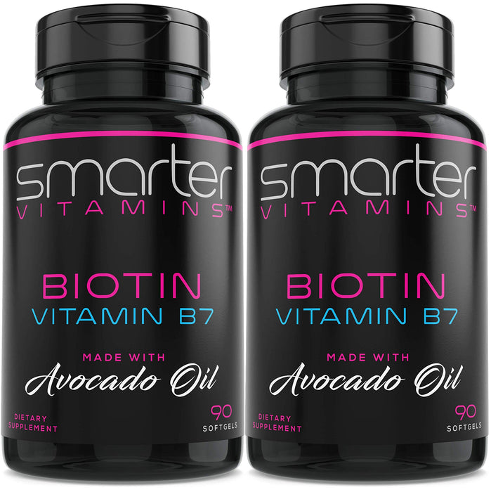 (2 Pack) Smarter Biotin 5000mcg in Avocado Oil, Vitamin B7, Hair, Skin & Nail Support, Non-GMO, 90 Mini Liquid Softgels, No Soy