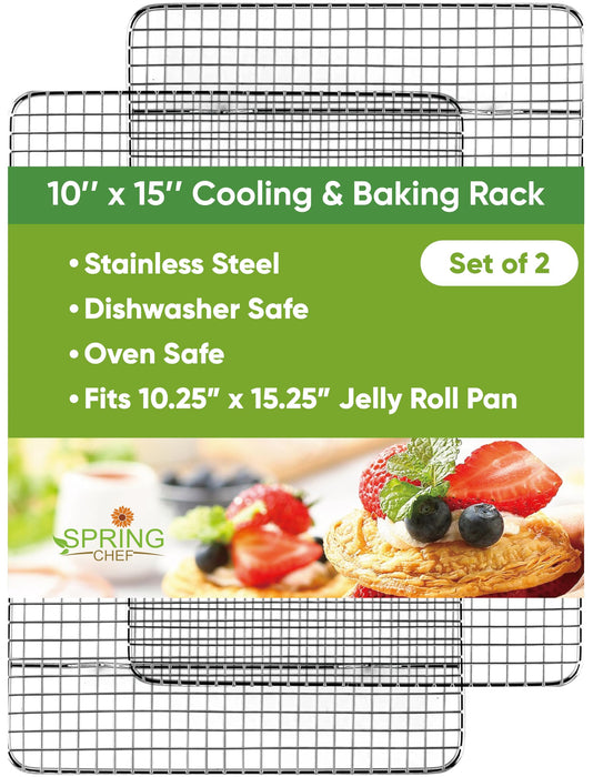 Spring Chef 10" x 15" Stainless Steel Cooling Racks for Baking - Oven Safe - Cookie Racks for Cooling Cookies - Fits Jelly Roll Pan - Perfect for Grilling, Roasting, Cooking, Drying - Set of 2