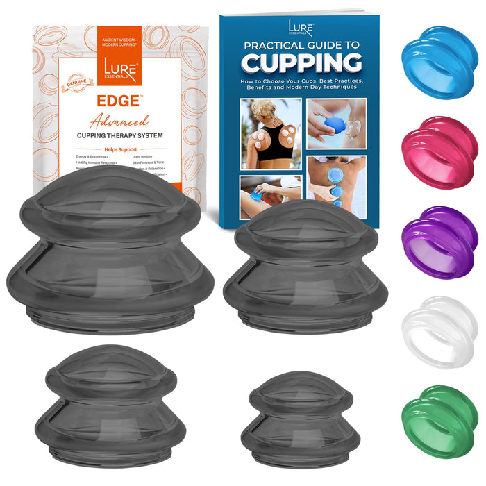LURE Essentials Edge Cupping Therapy Set - Cupping Kit for Massage Therapy - Silicone Cupping Set - Massage Cups for Cupping Therapy (Set of 4, Onyx)