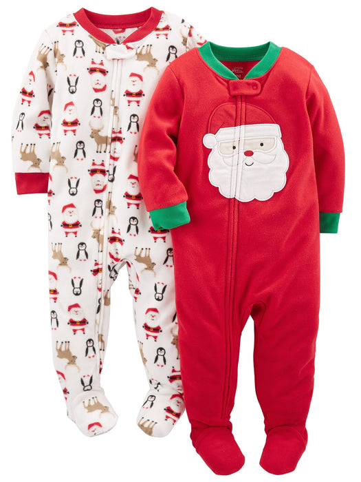 Simple Joys by Carter's Kids' Holiday Loose-fit Flame Resistant Fleece Footed Pajamas, Ivory Christmas Print/Red Santa, 8