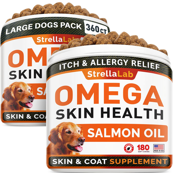 STRELLALAB Omega 3 for Dogs - (360Ct) Fish Oil Treats - Allergy & Itch Relief Skin&Coat Supplement - Dry Itchy Skin, Shedding, Hot Spots Treatment, Anti Itch - Pet Salmon Oil Chews - Chicken Flavor