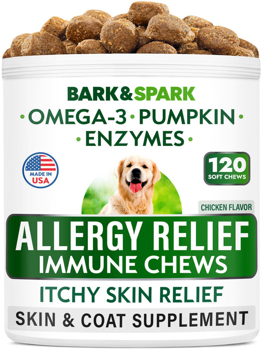 BARK&SPARK Dog Allergy Relief Chews - Anti-Itch Skin & Coat Supplement - Omega 3 Fish Oil - Itchy Skin Relief Treatment Pills - Itching&Paw Licking - Dry Skin&Hot Spots - (120 Immune Treats - Chicken)