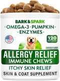 BARK&SPARK Dog Allergy Relief Chews - Anti-Itch Skin & Coat Supplement - Omega 3 Fish Oil - Itchy Skin Relief Treatment Pills - Itching&Paw Licking - Dry Skin&Hot Spots - (120 Immune Treats - Chicken)