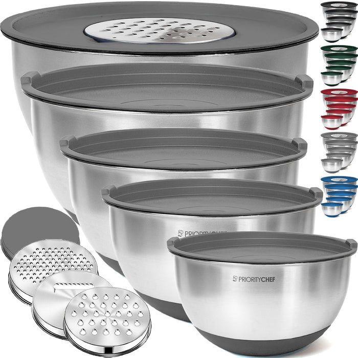 Priority Chef Stainless Steel Mixing Bowls with Lids Set, 3 Grater Attachments, Airtight Lids, Non-Slip Silicone Base Mixing Bowl Set, Large Prep Metal Mixing Bowls for Kitchen, Grey