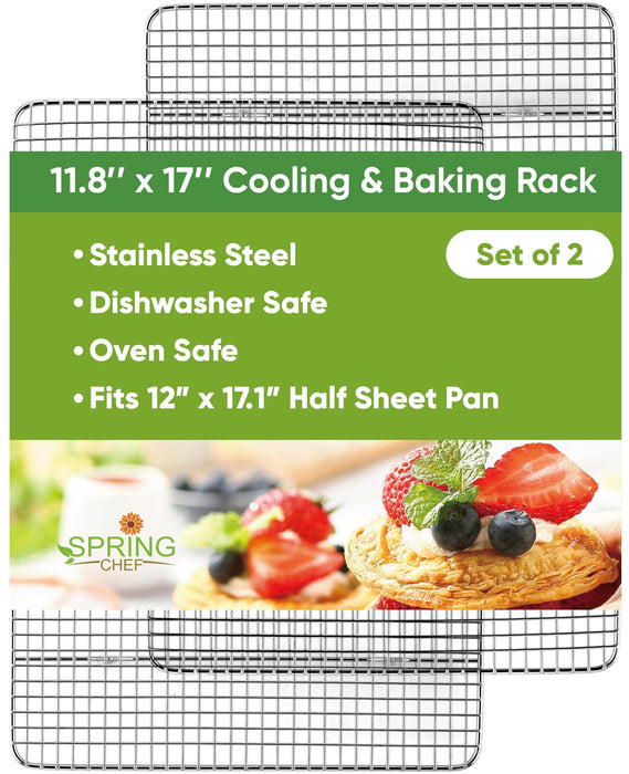 Spring Chef 11.8 x 17 Inch Stainless Steel Cooling Racks for Cooling & Baking - Oven Safe - Wire Roasting Racks for Oven Use - Fits Half Sheet Cookie Pan - Dishwasher Safe - Set of 2