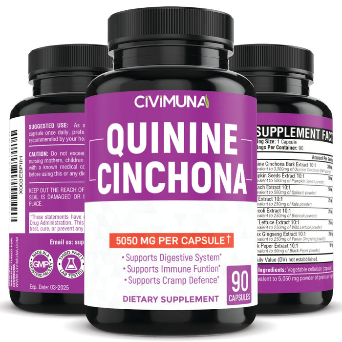 CIVIMUNA Quinine Cinchona Bark Capsules 5050mg - Quinine Cinchona Bark, Pumpkin Seeds, Spinach - 3 Months Supply