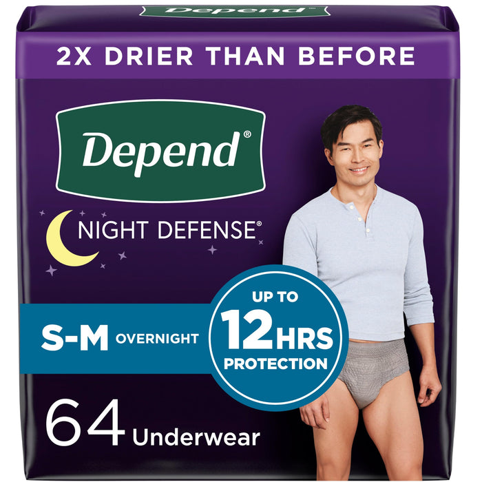 Depend Night Defense Adult Incontinence Underwear for Men, Disposable, Overnight, Small/Medium, Grey, 64 Count (4 Packs of 16), Packaging May Vary
