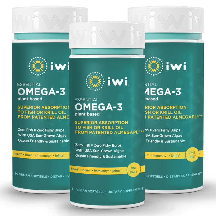 Iwi Omega-3 Essential, 90 Softgels (90 Servings), Plant-Based Algae Omega 3 with EPA + DHA, Brain, Heart & Immune Support Dietary Supplement, Krill & Fish Oil Alternative, No Fishy Aftertaste