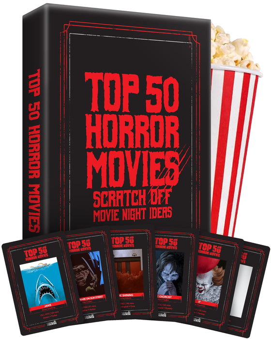 Top 50 Horror Movies Scratch Off Cards. Gifts for Movie Night Halloween