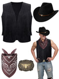 Toulite 4 Pcs Western Outfits for Men Cowboy Tassel Vest Hat Belt Buckle Paisley Bandana for Halloween Cosplay (Black,Black,Coffee,Large)