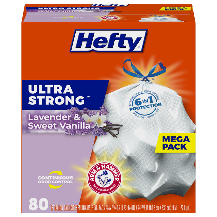 Hefty Ultra Strong 13 Gallon Trash Bags, Tall Kitchen Trash Bags 13 Gallon Size, Drawstring Closure, Continuous Odor Control, White, Lavender and Sweet Vanilla Scent, 80 Bags