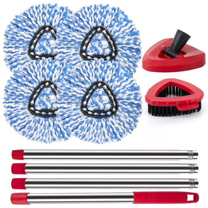 Spin Mop Head Replacement Base Handle for O Ceda Rinse Clean 2-Tank System, 4 Mop Replace Heads, 1 Mop Handle, 1 Mop Base and 1 Mop Base Scrub Brush Combo Set