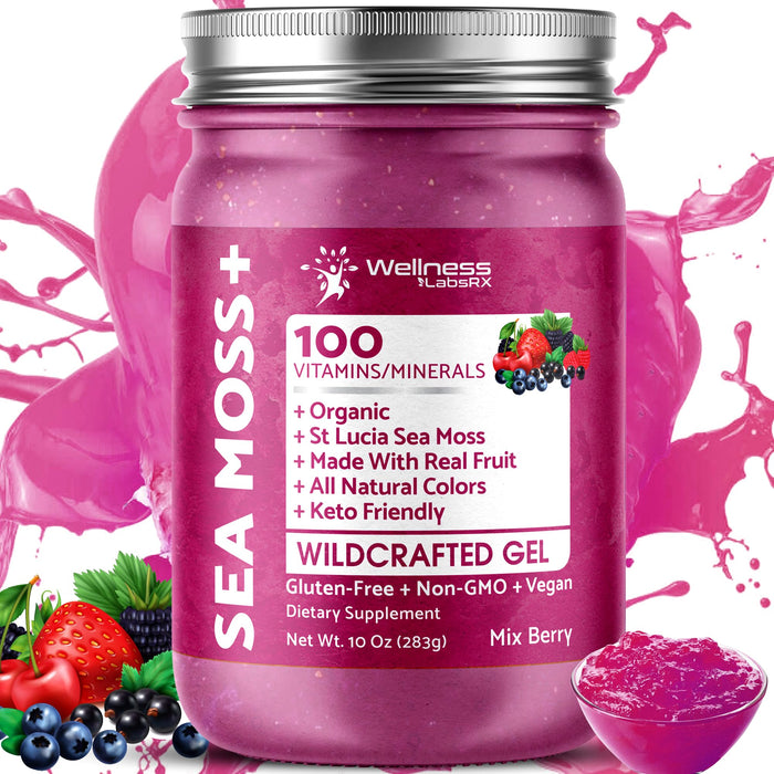 Irish Sea Moss Gel Organic Raw - Wildcrafted Superfood Seamoss Gel - Mix Berry Flavor, Vitamin and Mineral-Rich from Pristine Caribbean Waters, Immune and Digestive Health Support - 10 oz.