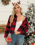 Zeagoo Women's Cropped Flannel Fashion Plaid Shacket Jacket Christmas Button Down Long Sleeve Shirt Coat Tops