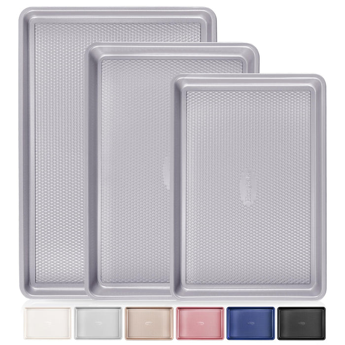 HONGBAKE 3 Pack Nonstick Ceramic Baking Sheet Pan Set for Oven, Non-Toxic Half/Quarter/Jelly Roll Pans with Diamond Texture, Heavy Duty 0.8mm Aluminized Steel Cookie Trays for Cooking, Light Grey