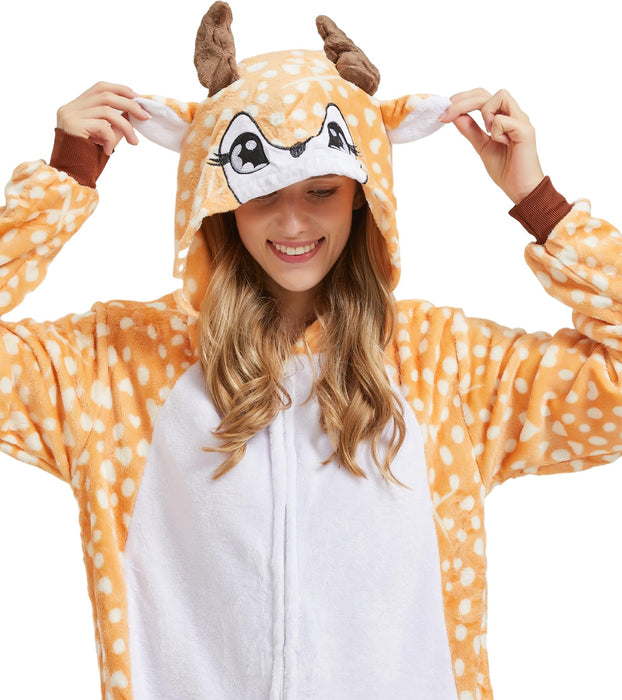 QUCH Adult Onesie Costume-Unisex Animal Onesies for Adults Halloween Costume, Halloween Onesie Adult Onesie Pajamas for Women Deer S