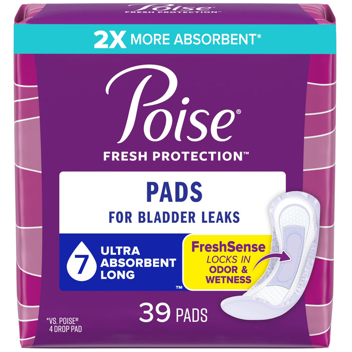 Poise Incontinence Pads & Postpartum Incontinence Pads, 7 Drop Ultra Absorbency, Long Length, 39 Count, Packaging May Vary