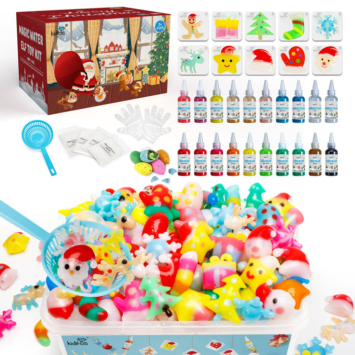 Kiditos Magic Water Elf Toy Kit, Aqua Fairy Water Gel Kit with 20 Magic Gels, 10 Christmas Molds. Christmas Gift, Birthday Gifts, Party Favors, Arts & Crafts DIY STEM Kits for Kids (20 Colors)