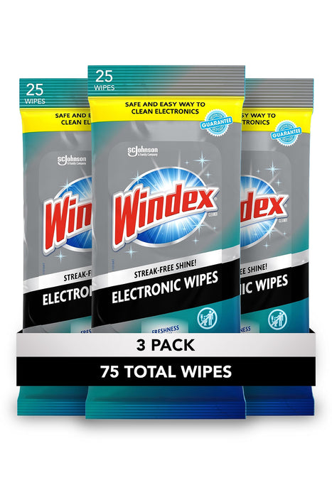 Windex Electronics Wipes, Pre-Moistened Screen Wipes Clean and Provide a Streak-Free Shine, 25 Count, Pack of 3