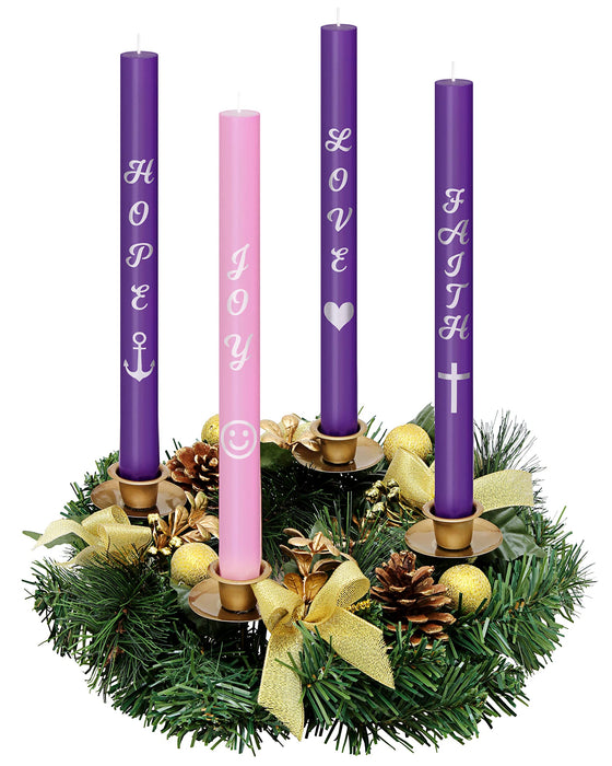 Advent Candles Set of 4 - Premium Printed Script Silver Letters & Pictures – Use with Advent Candle Holders, Advent Wreaths and Advent Rings - Dripless Taper Advent Candle for Christmas Church Décor